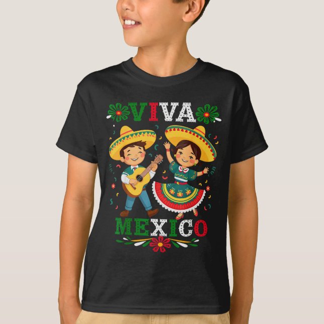 Viva Mexico Cute Cartoon Mexican Boy &amp; Girl In T-Shirt (Front)
