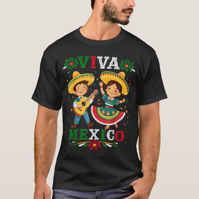 Viva Mexico Cute Cartoon Mexican Boy &amp; Girl In T-Shirt (Front)