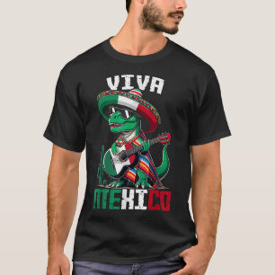 Viva Mexico Dinosaur Guitar Mexican Flag Fiesta  T-Shirt