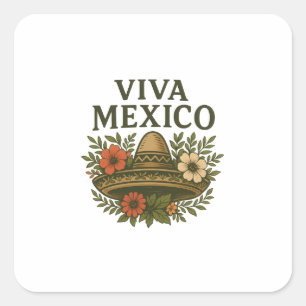 Viva Mexico Floral Sombrero Illustration Square Sticker