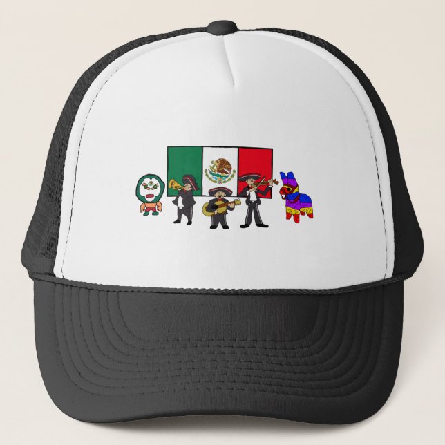 Viva Mexico Luchador Mariachi Piñata Cartoon Trucker Hat (Front)