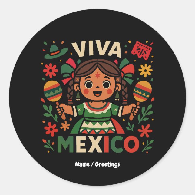 Viva Mexico Mexican Girl Independence Day Women  Classic Round Sticker (Front)