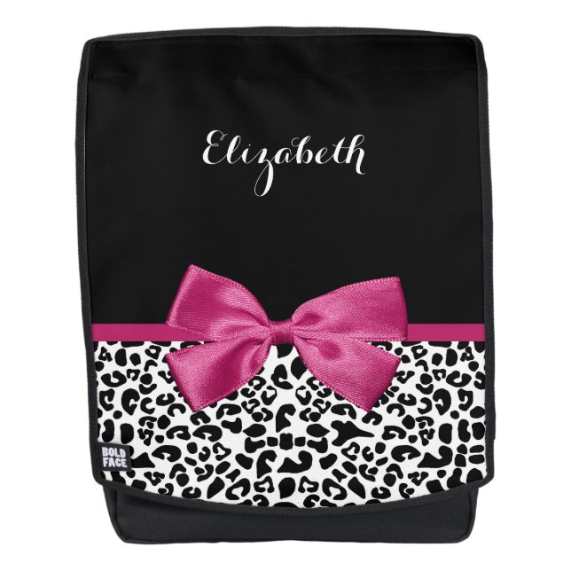 Vivacious Dark Pink Ribbon Leopard Print With Name Backpack (Front)