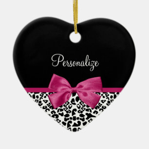 Vivacious Dark Pink Ribbon Leopard Print With Name Ceramic Tree Decoration