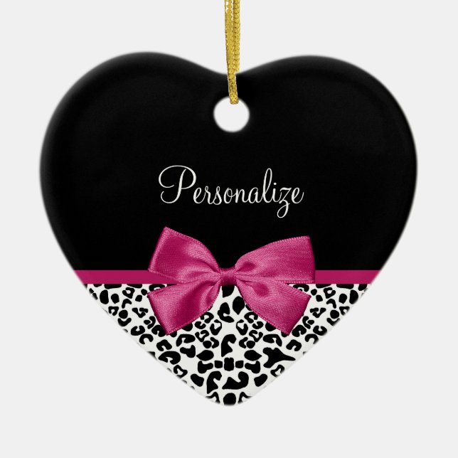 Vivacious Dark Pink Ribbon Leopard Print With Name Ceramic Tree Decoration (Front)