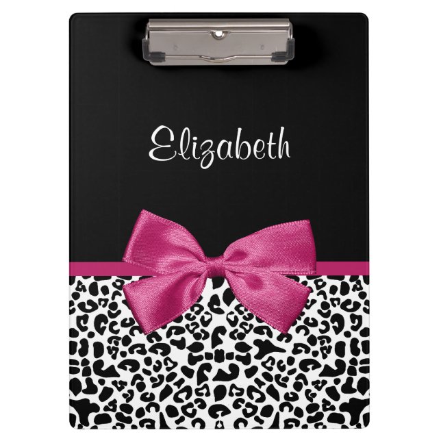 Vivacious Dark Pink Ribbon Leopard Print With Name Clipboard (Front)