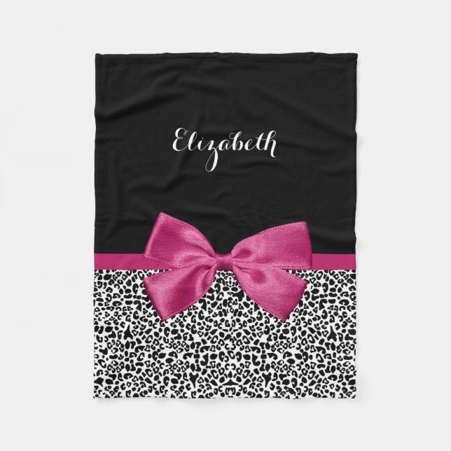 Vivacious Dark Pink Ribbon Leopard Print With Name Fleece Blanket (Front)