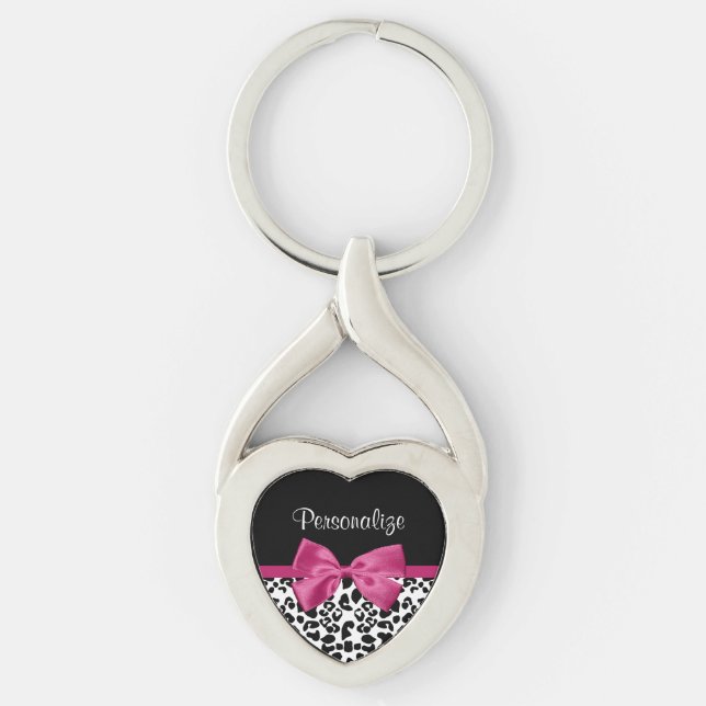 Vivacious Dark Pink Ribbon Leopard Print With Name Key Ring (Front)