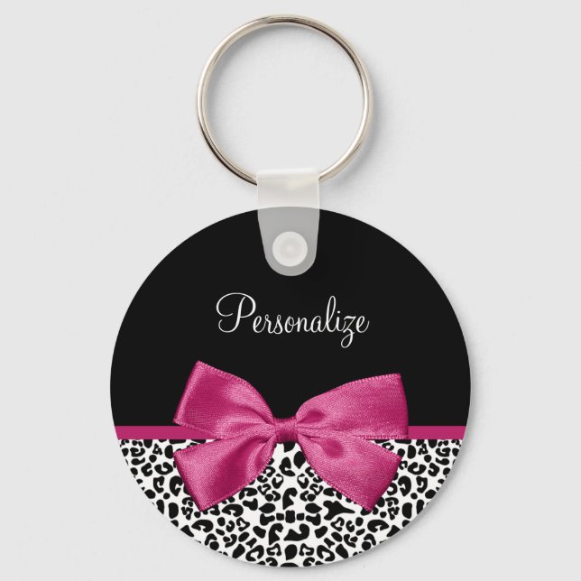 Vivacious Dark Pink Ribbon Leopard Print With Name Key Ring (Front)
