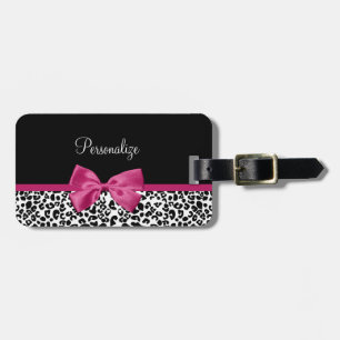 Vivacious Dark Pink Ribbon Leopard Print With Name Luggage Tag