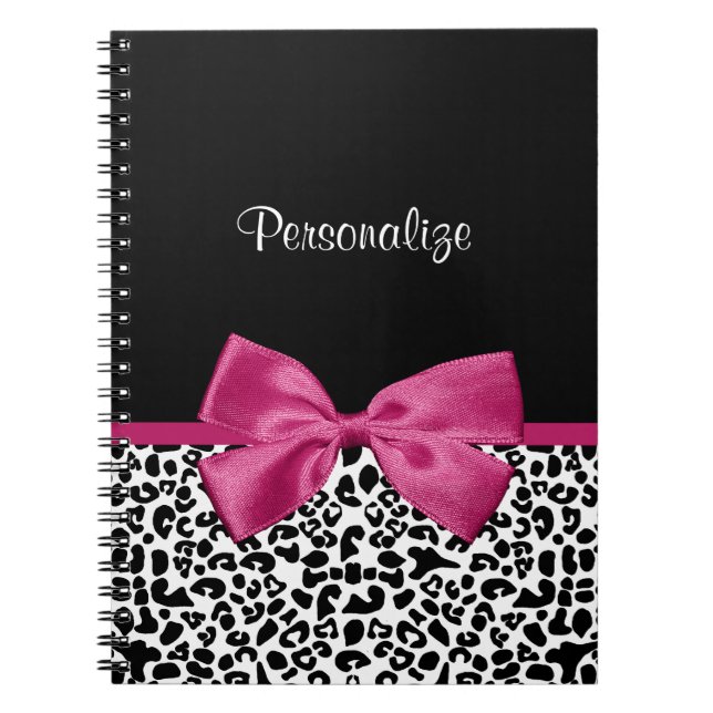 Vivacious Dark Pink Ribbon Leopard Print With Name Notebook (Front)
