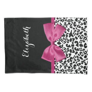 Vivacious Dark Pink Ribbon Leopard Print With Name Pillowcase