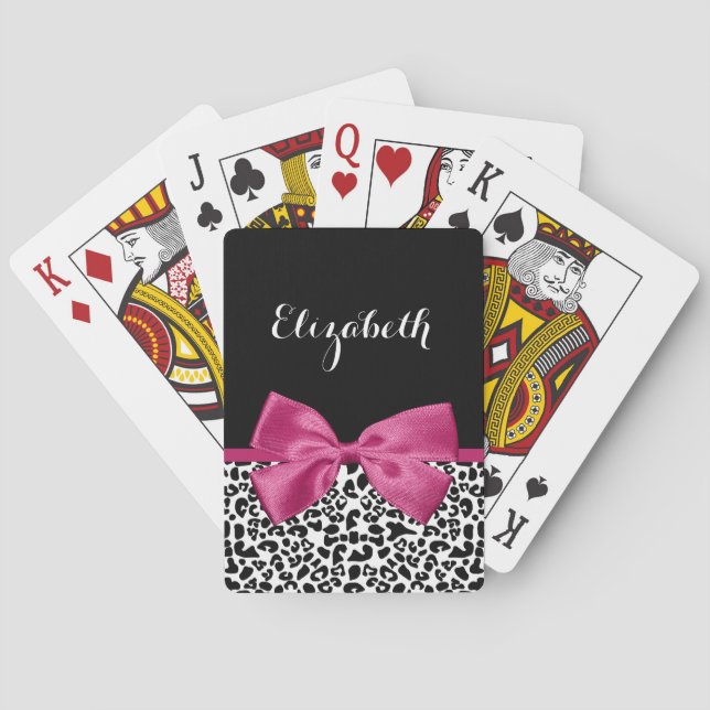 Vivacious Dark Pink Ribbon Leopard Print With Name Playing Cards (Back)