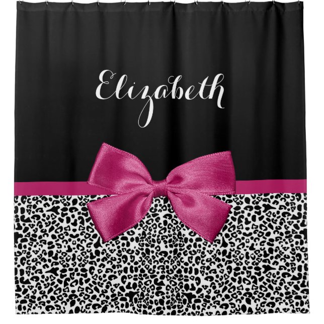 Vivacious Dark Pink Ribbon Leopard Print With Name Shower Curtain (Front)
