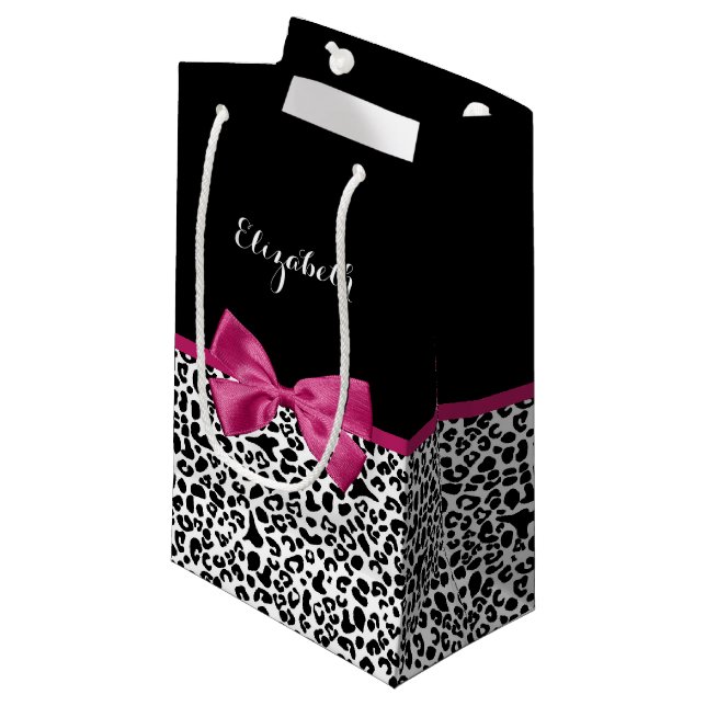 Vivacious Dark Pink Ribbon Leopard Print With Name Small Gift Bag (Front Angled)