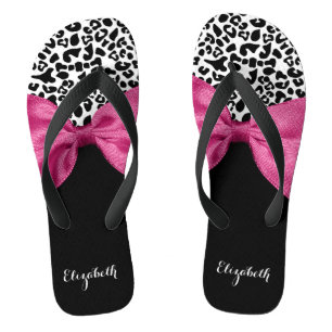 Vivacious Dark Pink Ribbon Leopard Print With Name Thongs