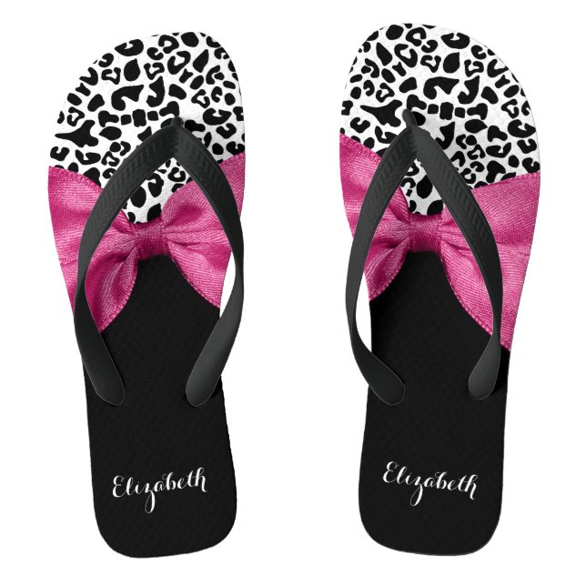 Vivacious Dark Pink Ribbon Leopard Print With Name Thongs (Footbed)