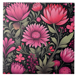Vivacious Pink Floral Pattern, AI-generated, Ceramic Tile