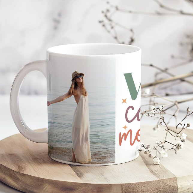 "Vive Cada Momento" 2 Custom Photos Inspirational Coffee Mug ("Vive Cada Momento" 2 Custom Photos Inspirational Coffee Mug on a boho table with tiny flowers.)