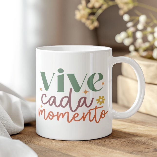 "Vive Cada Momento" Inspirational Quote Coffee Mug ("Vive Cada Momento" Inspirational Quote Coffee Mug on a boho wooden table.)