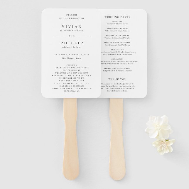 Vivian Simple Elegant Wedding Program Hand Fan (Front and Back)