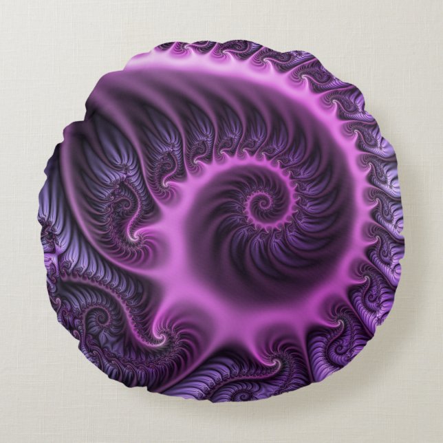 Vivid Abstract Cool Pink Purple Fractal Art Spiral Round Cushion (Front)