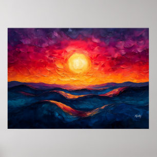 Vivid Abstract Sunset Over Rolling Waves Oil-Style Poster