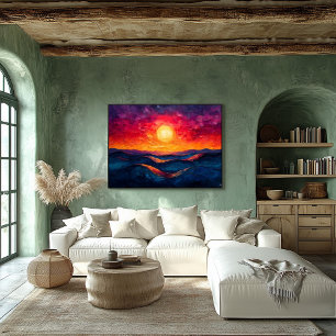 Vivid Abstract Sunset Over Rolling Waves Oil-Style Poster