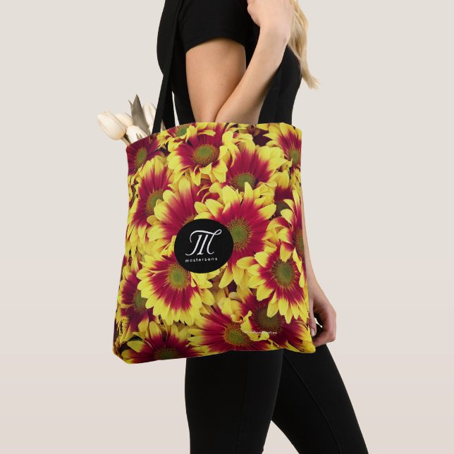 Vivid Autumn Red Yellow Mini Sunflowers Tote Bag (Close Up)