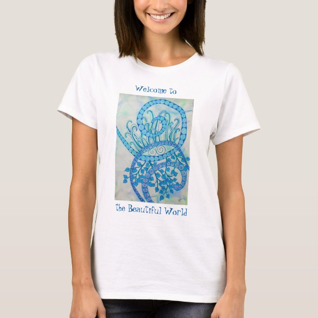 Vivid blue abstract spirals and plants T-Shirt (Front)