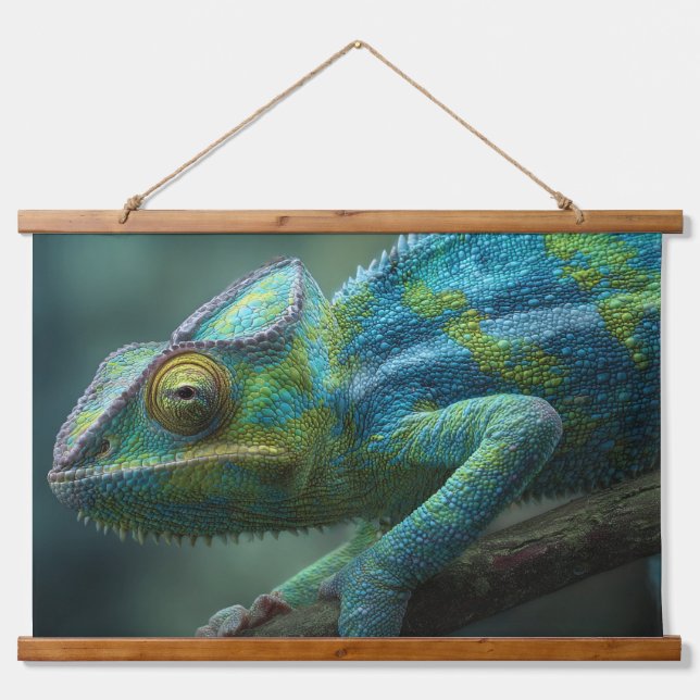 Vivid Blue Green Chameleon Jungle Wall Art (Front)