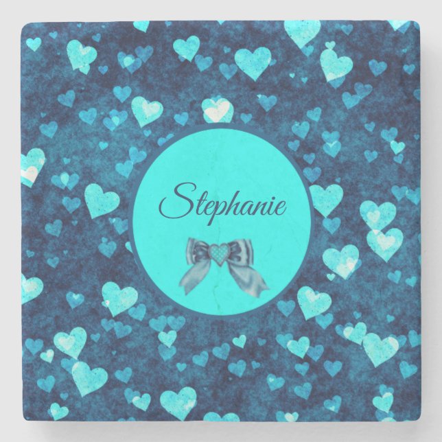 Vivid Blue Hearts Stone Coaster (Front)