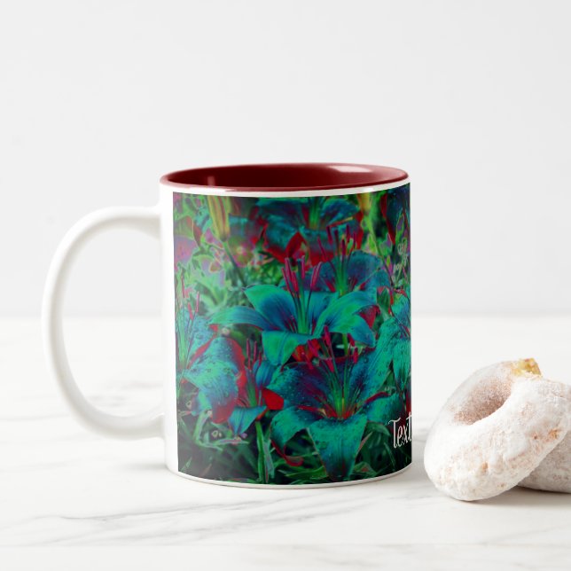 Vivid Blue Lily Flowers Personalised  Two-Tone Coffee Mug (With Donut)