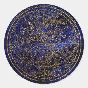 Vivid Blue Star Map/Golden Constellation Globe Classic Round Sticker