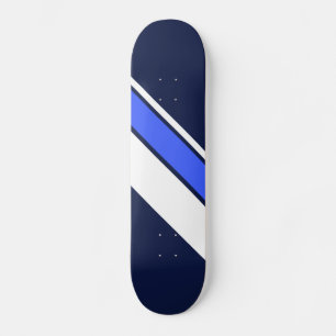 Vivid Blue White Diagonal Racing Stripes On Navy Skateboard