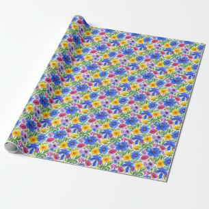 Vivid Blue Yellow Red Purple Flowers Pattern Wrapping Paper