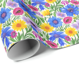 Vivid Blue Yellow Red Purple Flowers Pattern Wrapping Paper