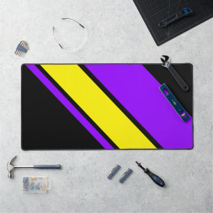 Vivid Bright Purple Yellow Racing Stripes On Black Desk Mat