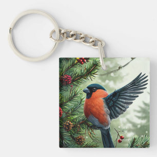 Vivid Bullfinch Perched on a Snowy Branch Key Ring