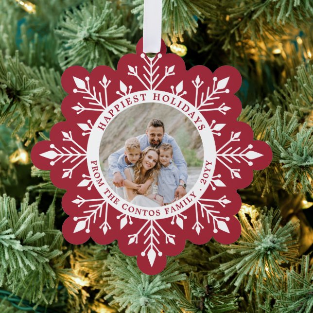 Vivid Burgundy Snowflake Happy Holidays Photo Tree Decoration Card (Insitu (Tree))