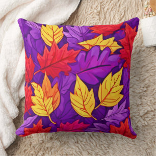 Vivid Cartoon Leaves: Purple, Yellow, Red Cushion