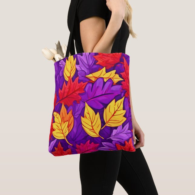 Vivid Cartoon Leaves: Purple, Yellow, Red Tote Bag (Close Up)