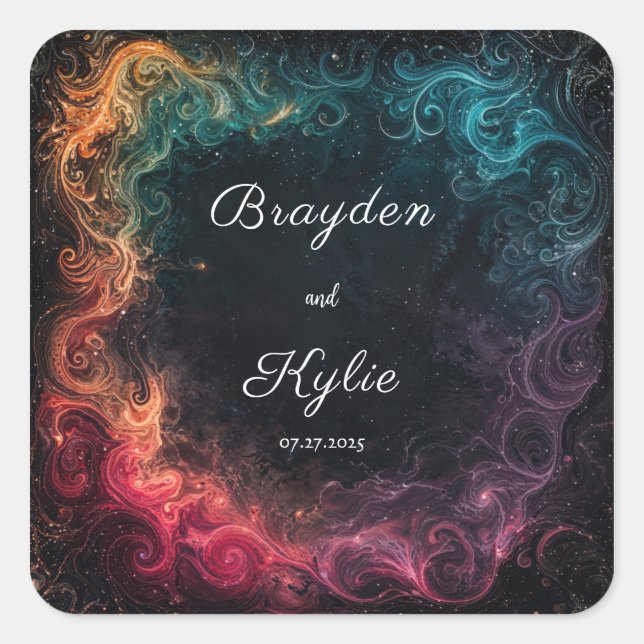 Vivid Celestial Nebula Abstract Swirl Teal Red Square Sticker (Front)