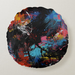 Vivid Chaos – Bold Abstract Expressionist Art Prin Round Cushion