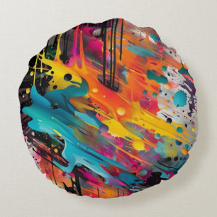 Vivid Chaos Splash Graffiti Round Cushion