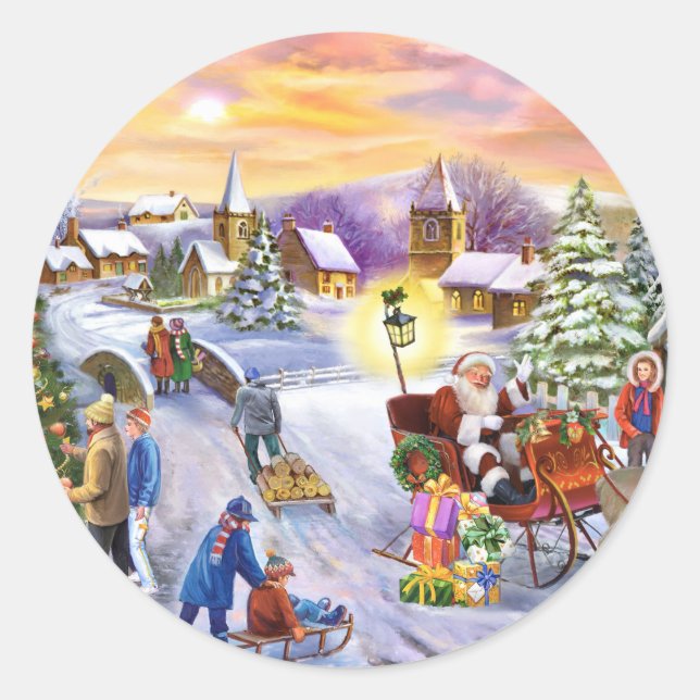 Vivid christmas village scene classic round sticker (Front)