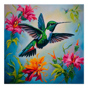 Vivid Colour Hummingbird with Flowers Poster