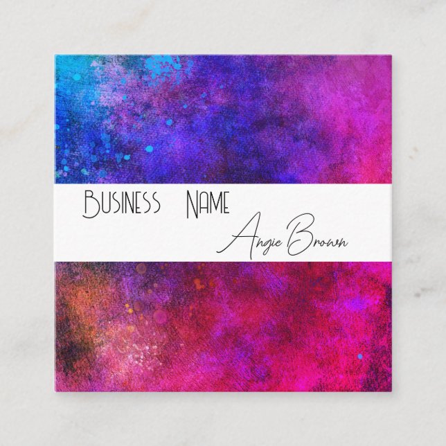  vivid colour splatter pink purple turquoise square business card (Front)
