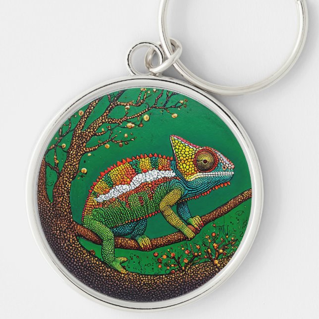 Vivid Colourful Chameleon Artwork Key Ring (Front)