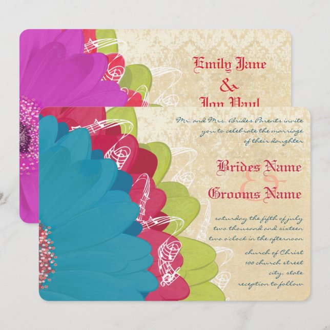 Vivid Coral Lime & Grape Gerber Wedding Invite (Front/Back)